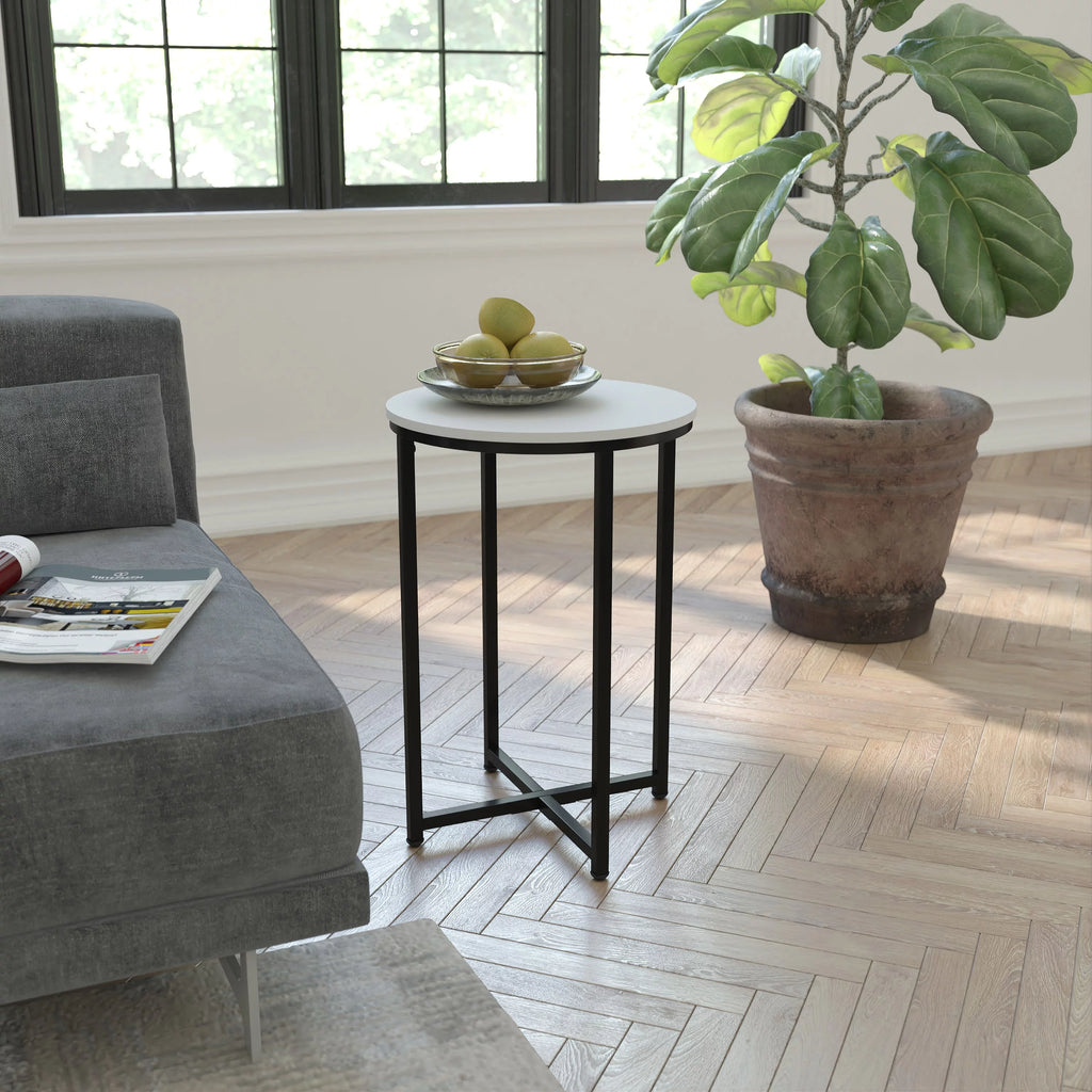 Modern End Table with Black Metal Frame and White Laminate Top L90837