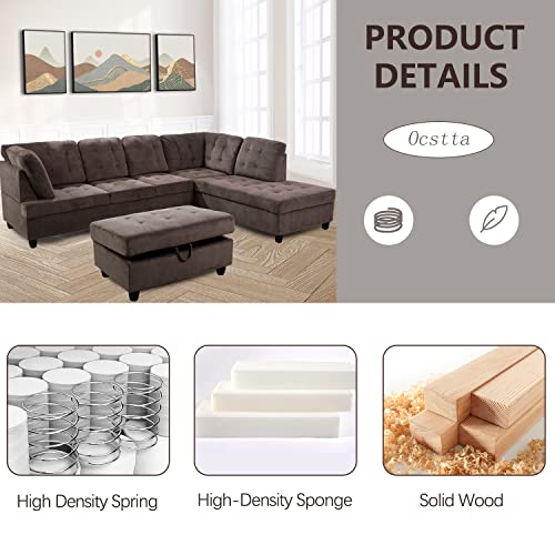 Brown Corduroy L Shaped Sectional Sofa Set with Ottoman C4957