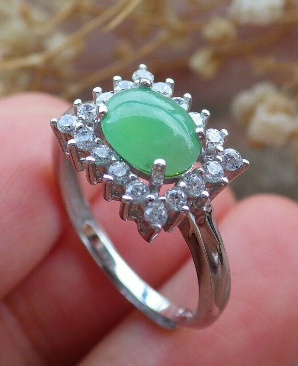 Icy Green Silver 925 Jadeite Cabochon Ring J448470