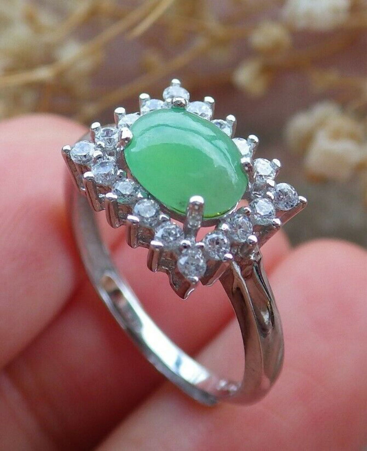 Icy Green Silver 925 Jadeite Cabochon Ring J448470