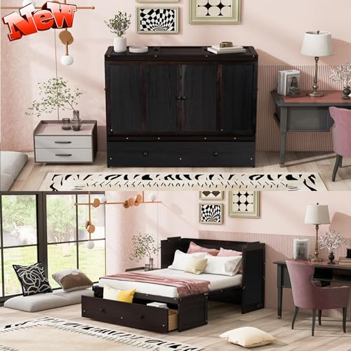 Full Murphy Bed with USB Charging Station and Large Drawer, Wooden Full Size Bed Wall Bed with Storage, Espresso W8476