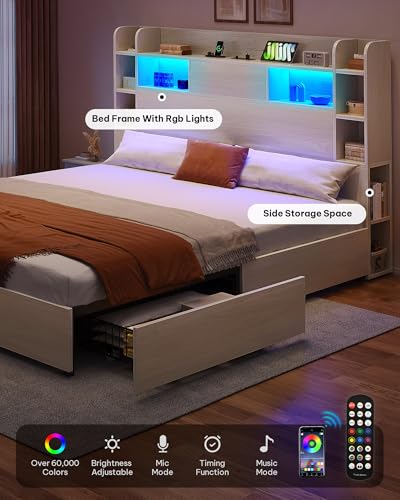 Black Queen Bed Frame with Bookcase Headboard and 4 Storage Drawers Q2693