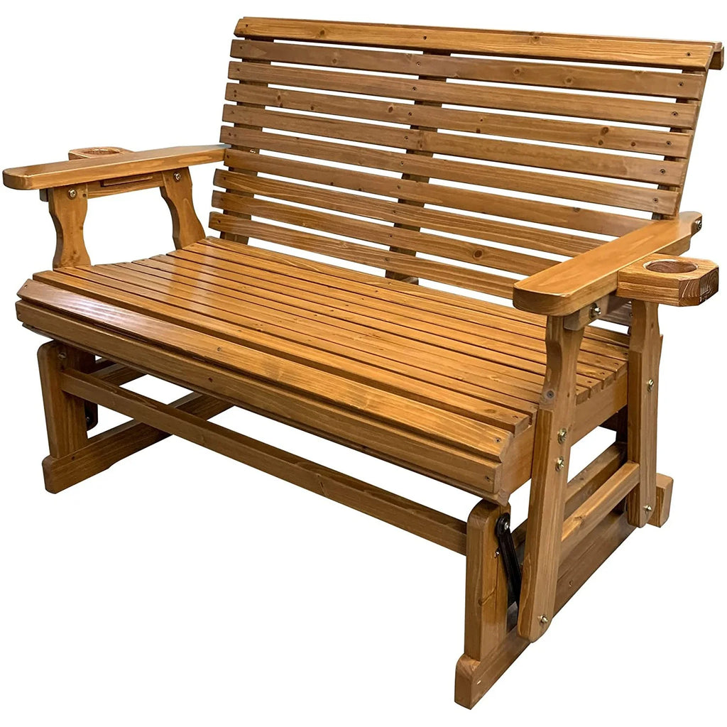 Brown Solid Fir Wood Patio Glider with Cupholders N43554