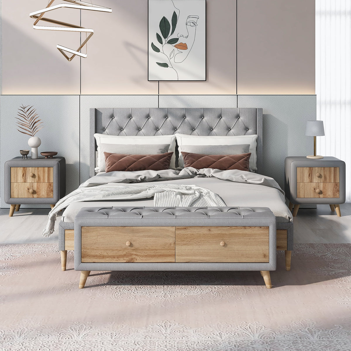 4 Piece Linen Platform Bed Frame with Nightstands and Storage Bench X9361