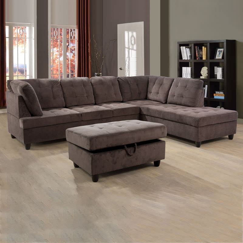 Brown Corduroy L Shaped Sectional Sofa Set with Ottoman C4957