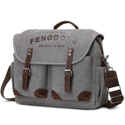 Mens 15.6 Inch Waxed Canvas Genuine Leather Briefcase Shoulder Bag Black Gray T6912