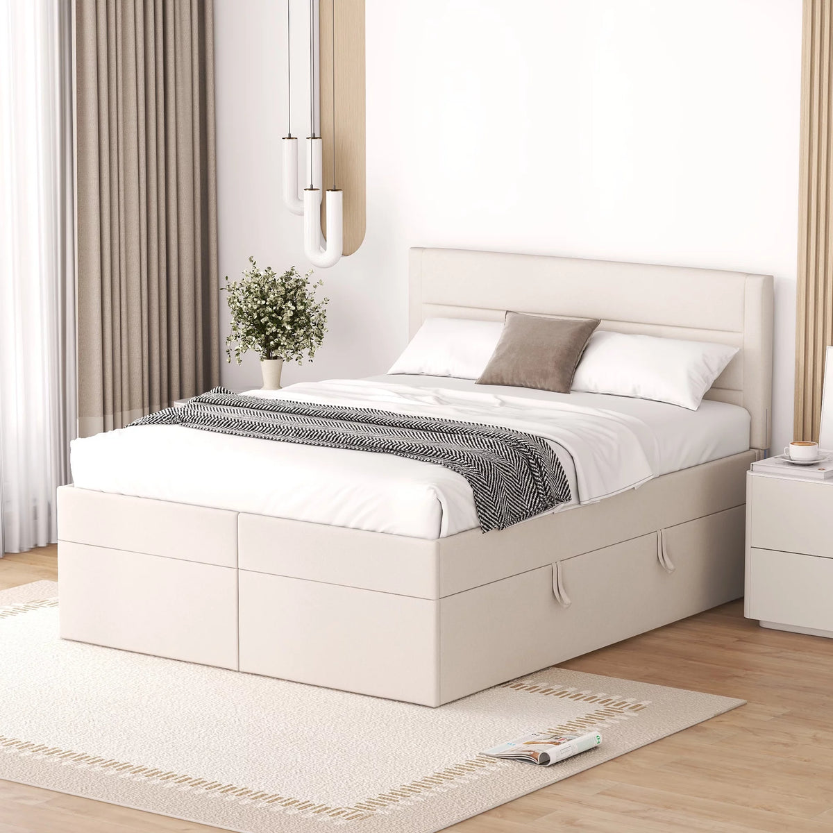 Full Size Beige Upholstery Platform Bed with Storage U94775
