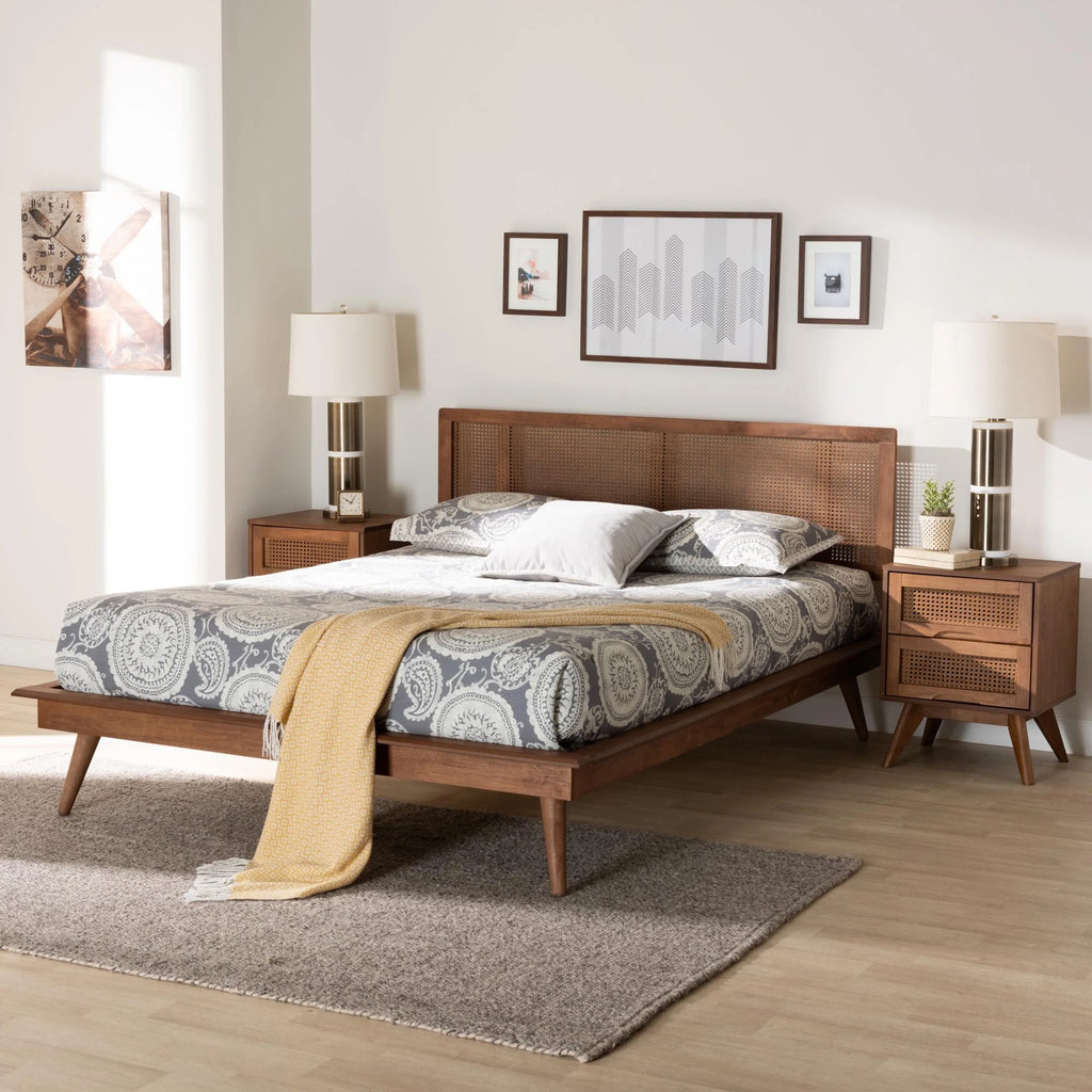 Walnut Brown Wood and Rattan Full Size 3-Piece Bedroom Set E684