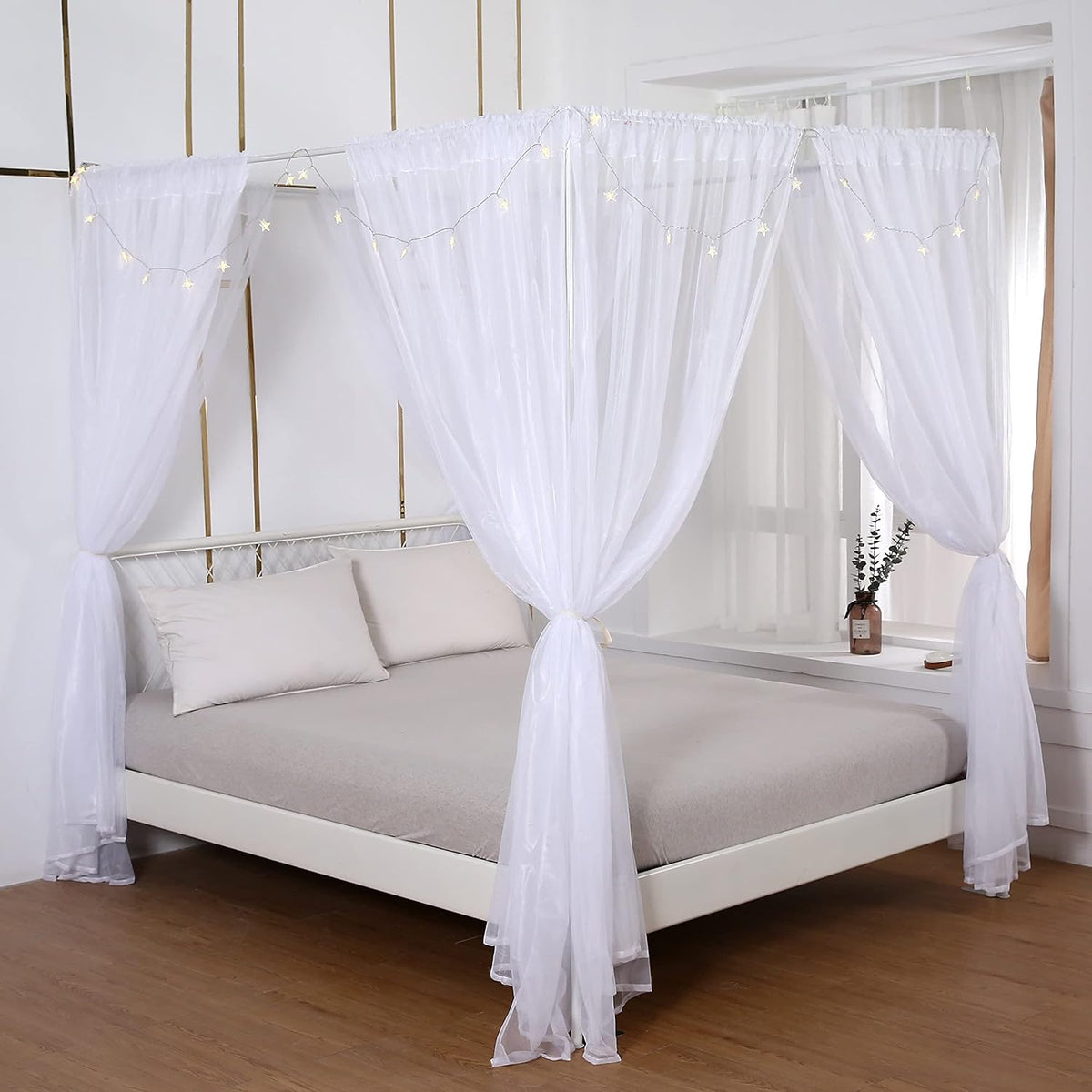 White Sheer Canopy Bed Curtains Set, 8 Panels, Full/Queen B2846