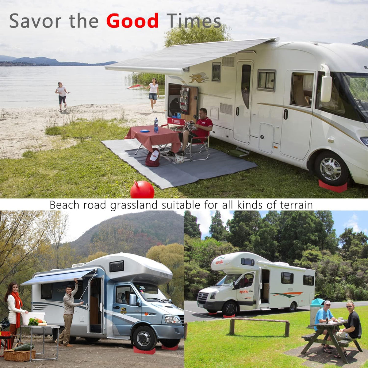 2 Packs Camper Leveler, RV Leveling Ramp Chock Kit, Two Curved Levelers, Two Chocks, Two Rubber Grip Mats, 35,000 lbs G863