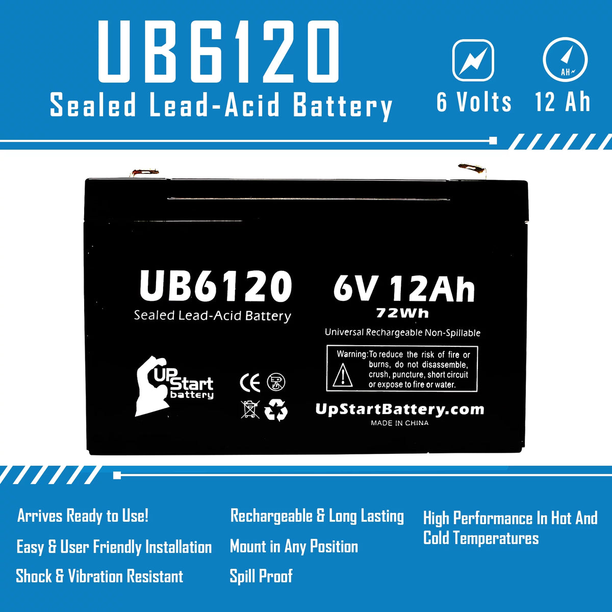 6V 12Ah Sealed Lead Acid Battery with F1 to F2 Terminal Adapters O602454