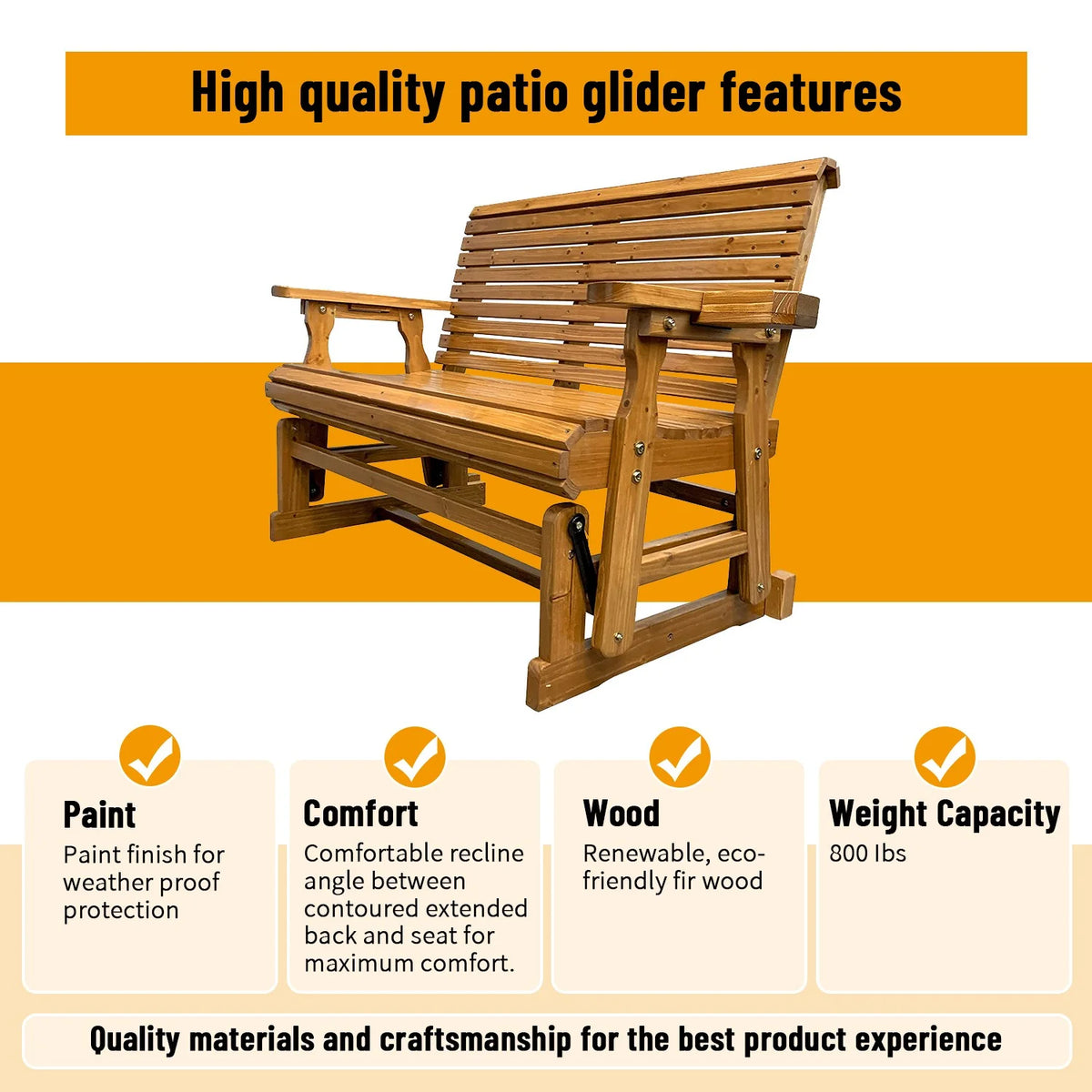 Brown Solid Fir Wood Patio Glider with Cupholders N43554