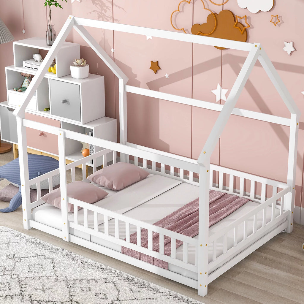 White Full Size Floor Bed with Fence Guardrails and Roof W38669