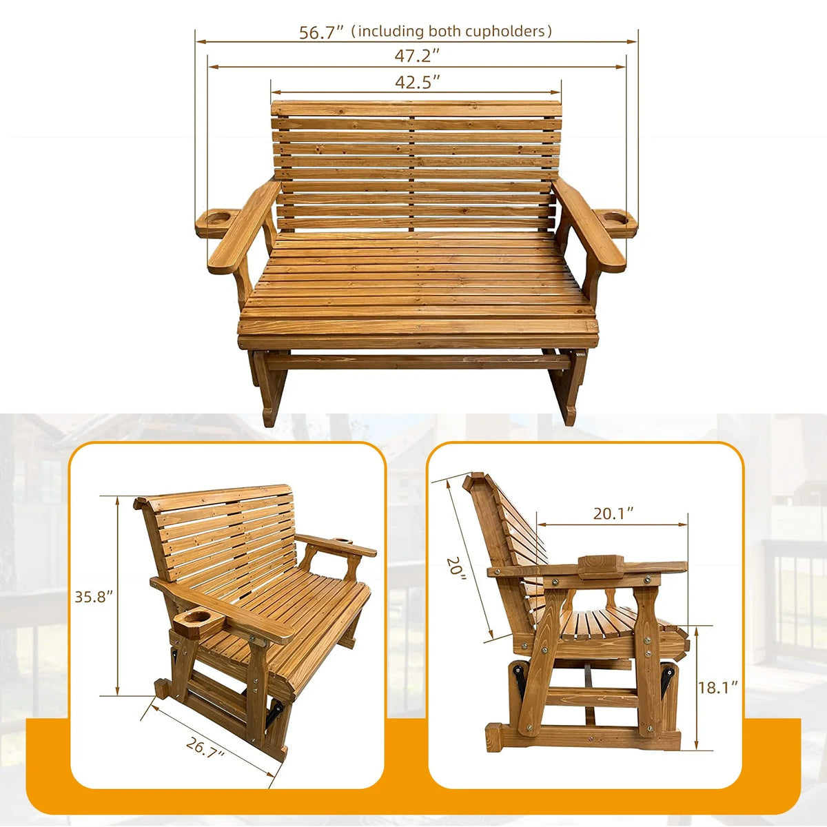 Brown Solid Fir Wood Patio Glider with Cupholders N43554