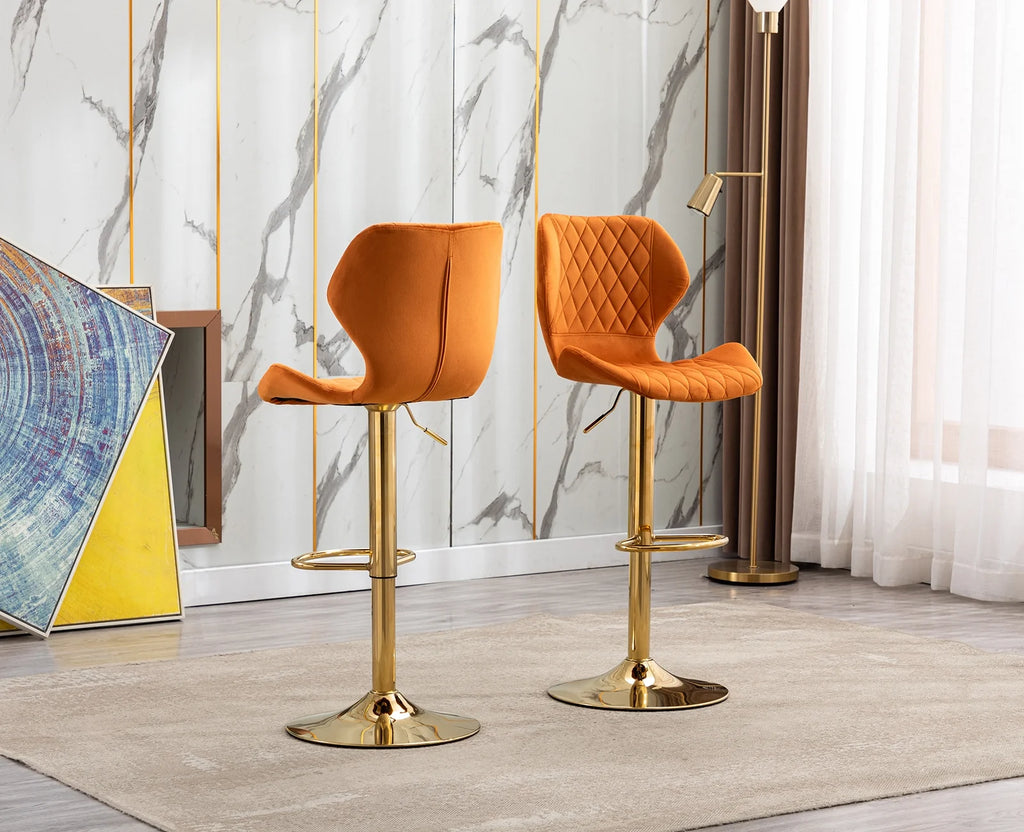 Orange Velvet Adjustable Swivel Bar Stools Set of 2 T3146
