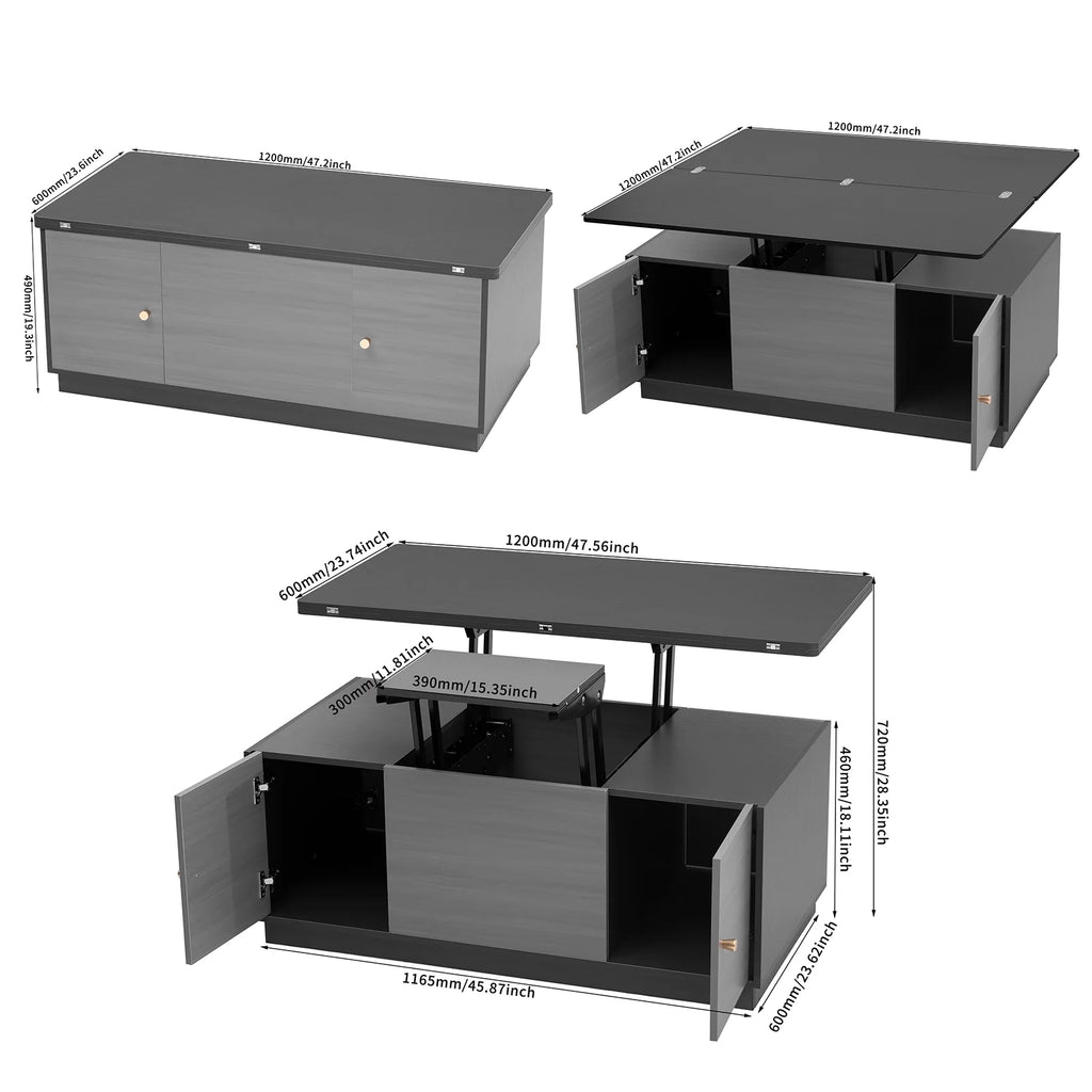 Gray Lift-top Coffee Table with 2 Storage Cabinets K7010