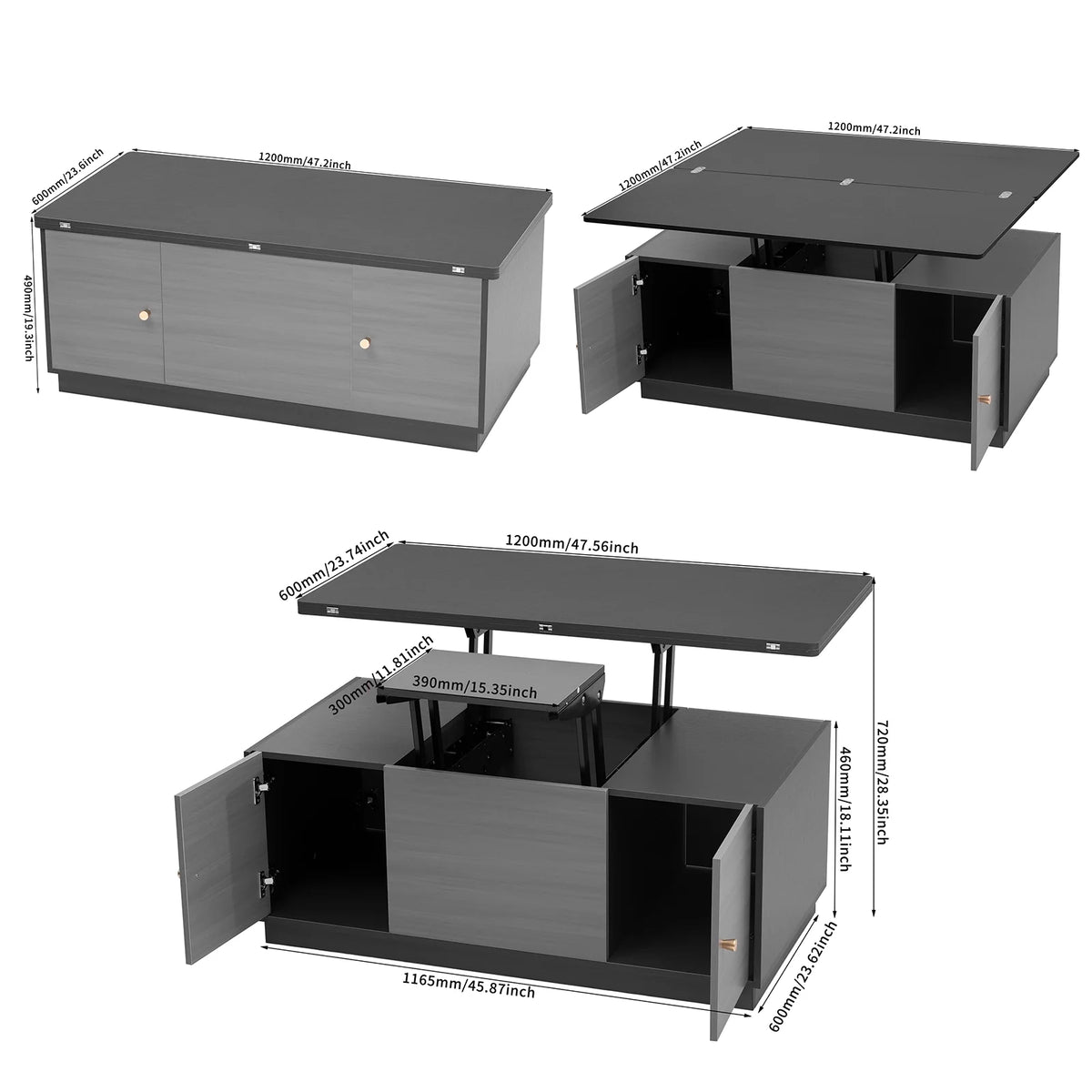 Gray Lift-top Coffee Table with 2 Storage Cabinets K7010