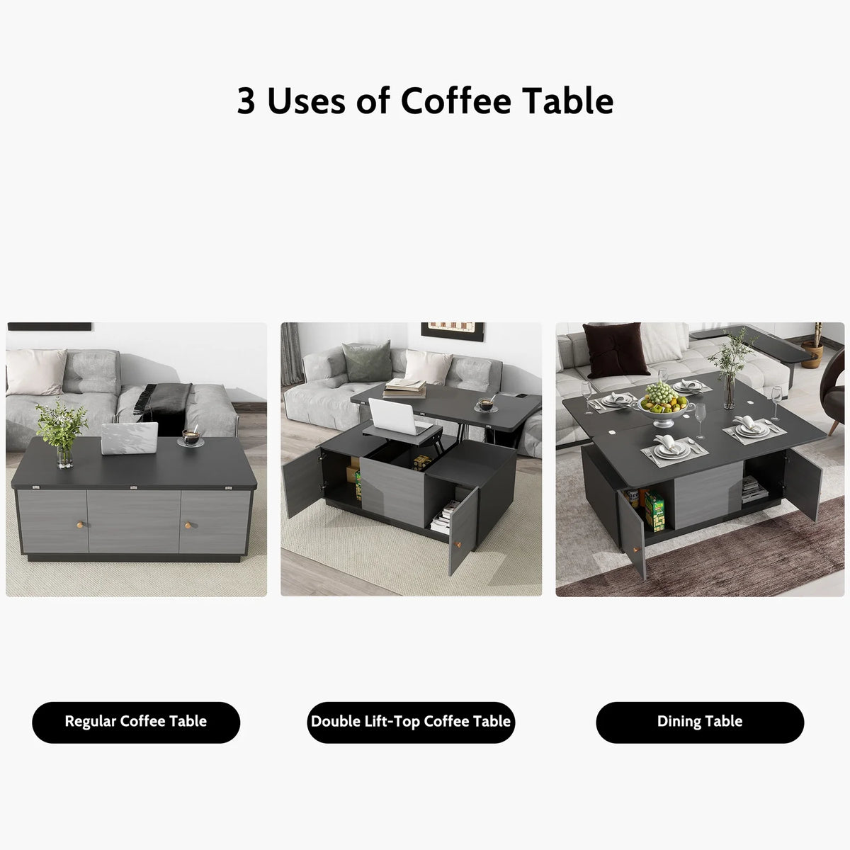 Gray Lift-top Coffee Table with 2 Storage Cabinets K7010