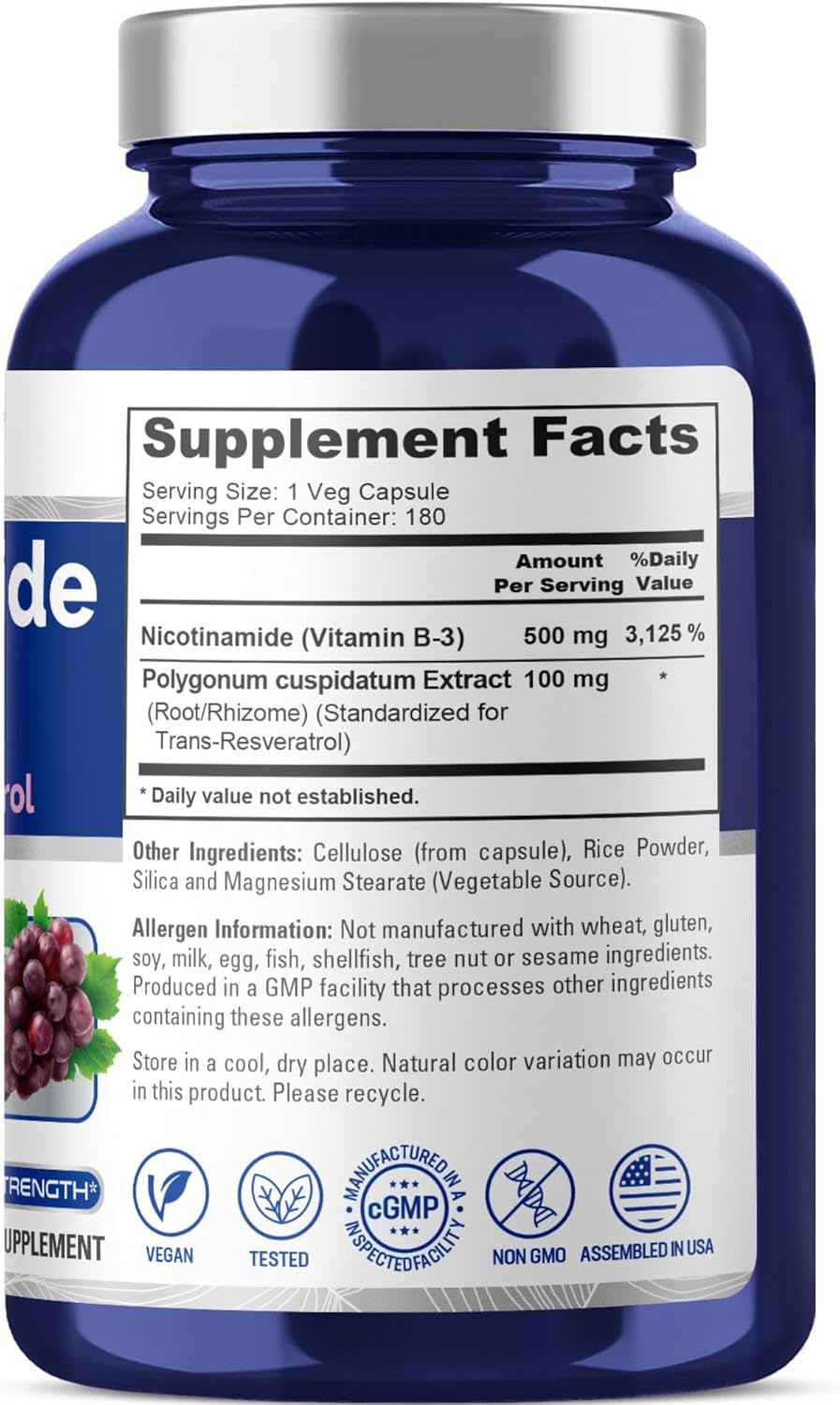 Nicotinamide with Resveratrol 500 mg 180 Vegetarian Caps C940