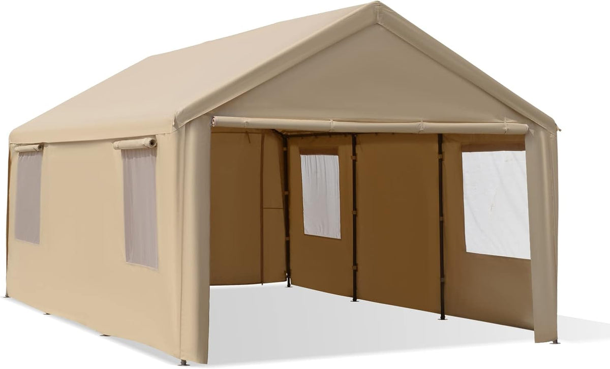 12'x20' Heavy Duty Carport with Roll-up Ventilated Windows, Removable Sidewalls & Doors, Gray W875