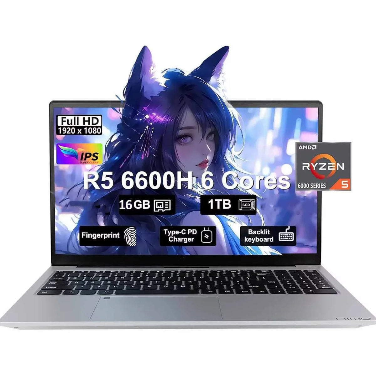 15.6" IPS FHD Gaming Laptop, AMD Ryzen 5 6600H 6-Cores 660M GPU 16GB DDR5 RAM 1TB SSD Computer with Fingerprint Backlit Keyboard Win 11 N19824