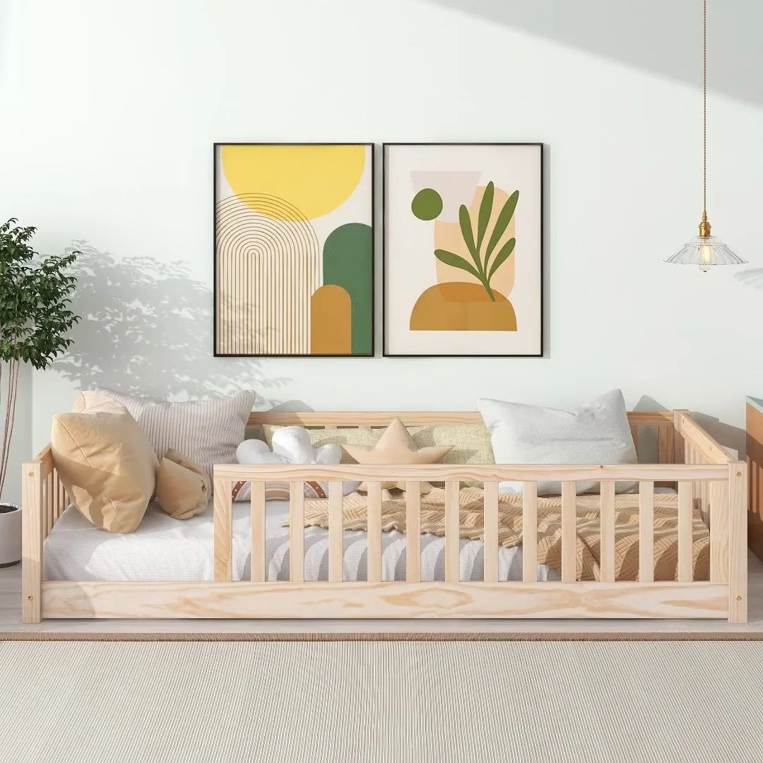 White Full Size Floor Bed with Fence Guardrails and Roof W38669