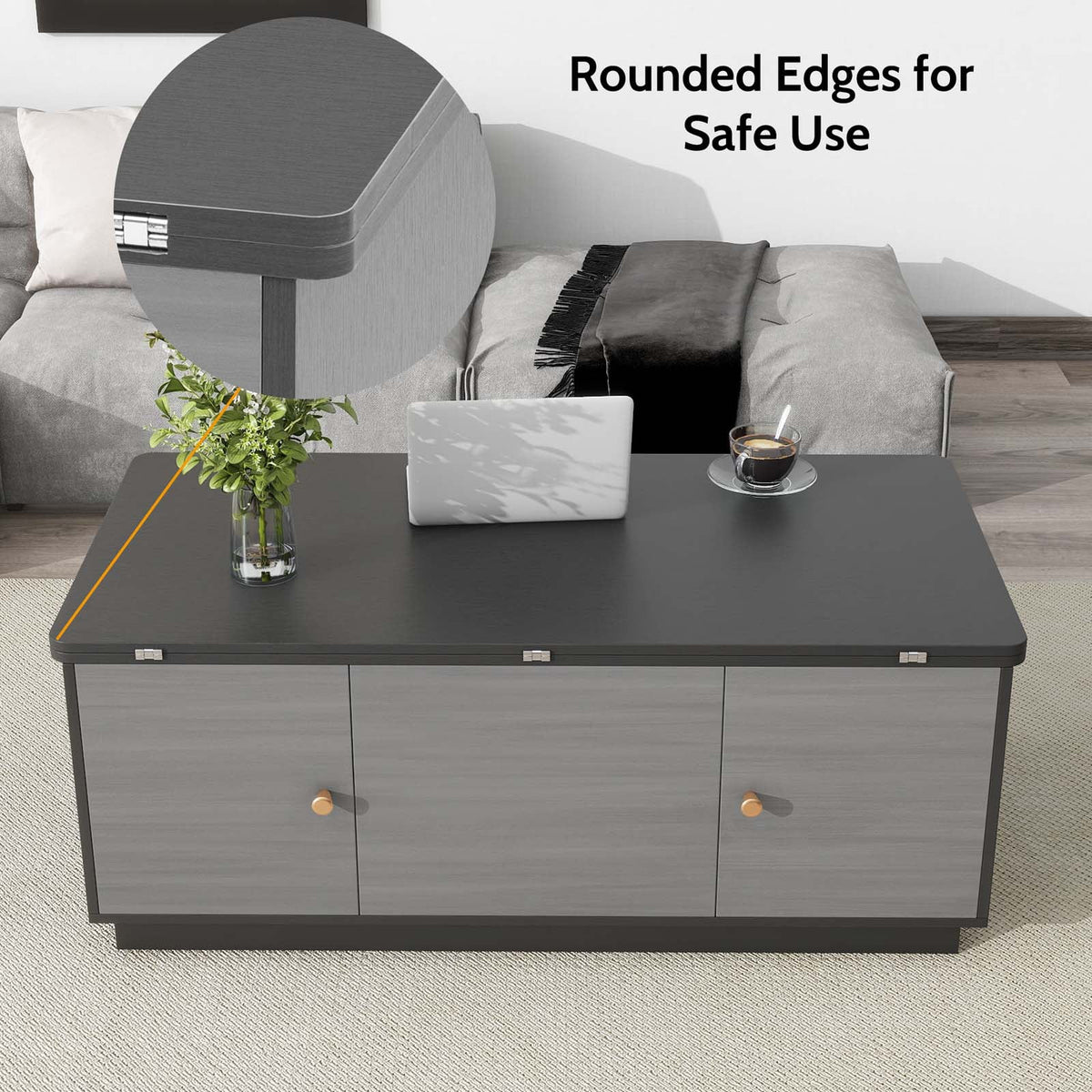 Gray Lift-top Coffee Table with 2 Storage Cabinets K7010