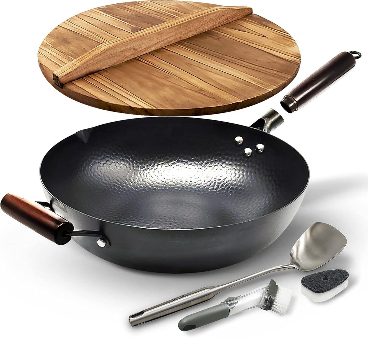 Carbon Steel Wok Pan With Lid, Non-Stick 12.6 Flat Bottom Wok Set U1505
