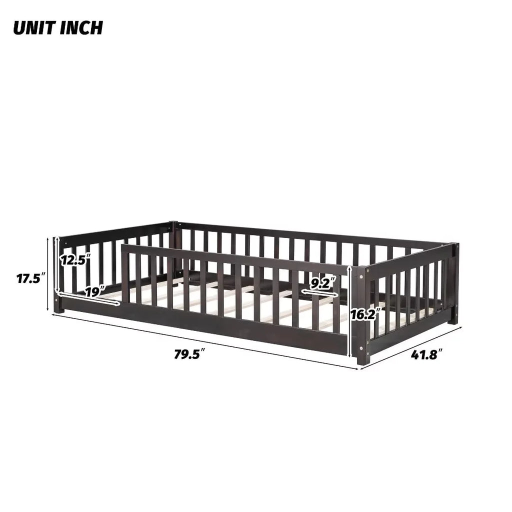 White Full Size Floor Bed with Fence Guardrails and Roof W38669
