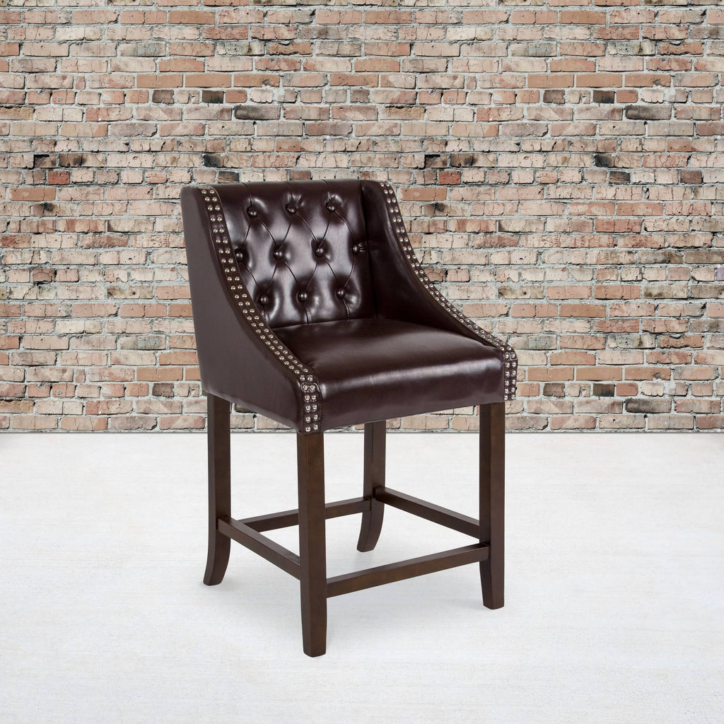 Tufted Walnut Counter Height Stool in Brown LeatherSoft D63798