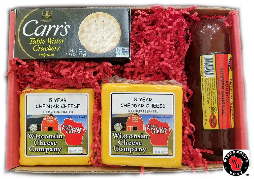 Aged Cheddar Cheese, Sausage & Cracker Gift Basket, 4 Piece R957