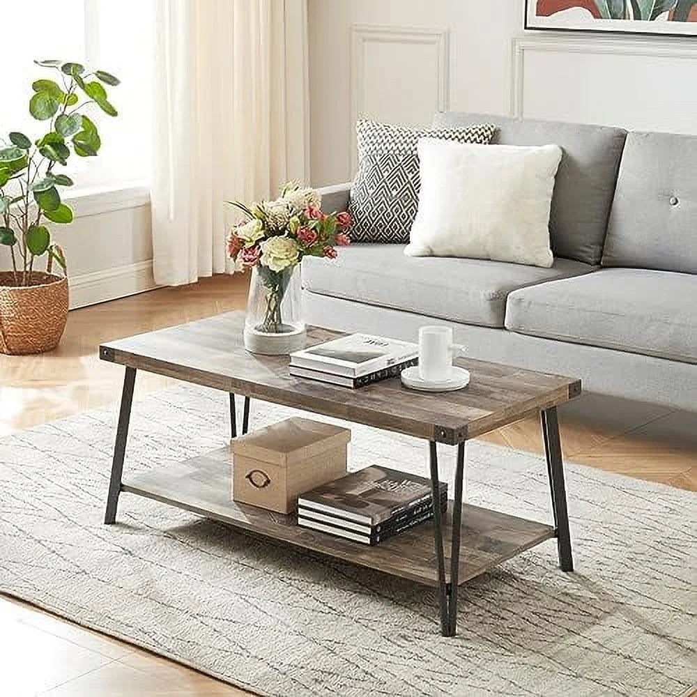 Brown Rectangular Coffee Table with Metal Frame S686