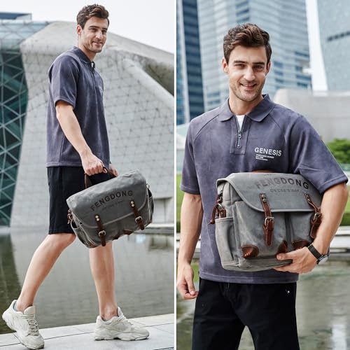 Mens 15.6 Inch Waxed Canvas Genuine Leather Briefcase Shoulder Bag Black Gray T6912