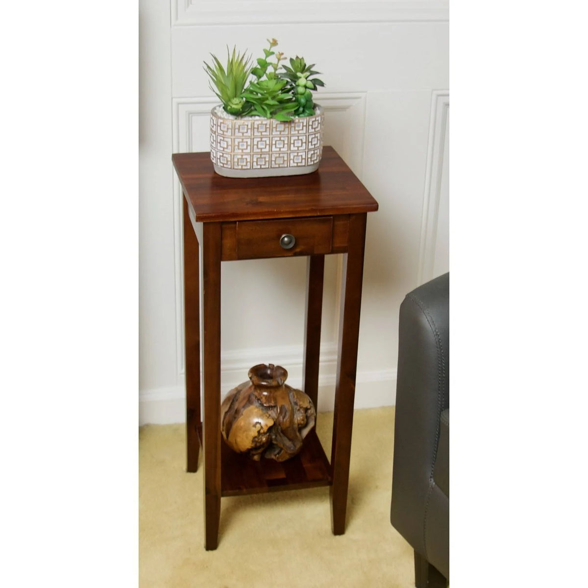 2-Tier Acacia Wood Plant Table with Drawer L7470