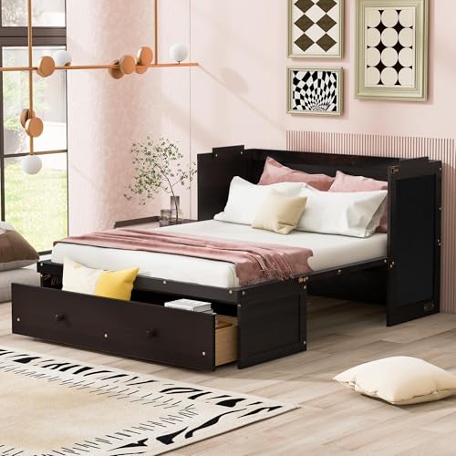 Full Murphy Bed with USB Charging Station and Large Drawer, Wooden Full Size Bed Wall Bed with Storage, Espresso W8476