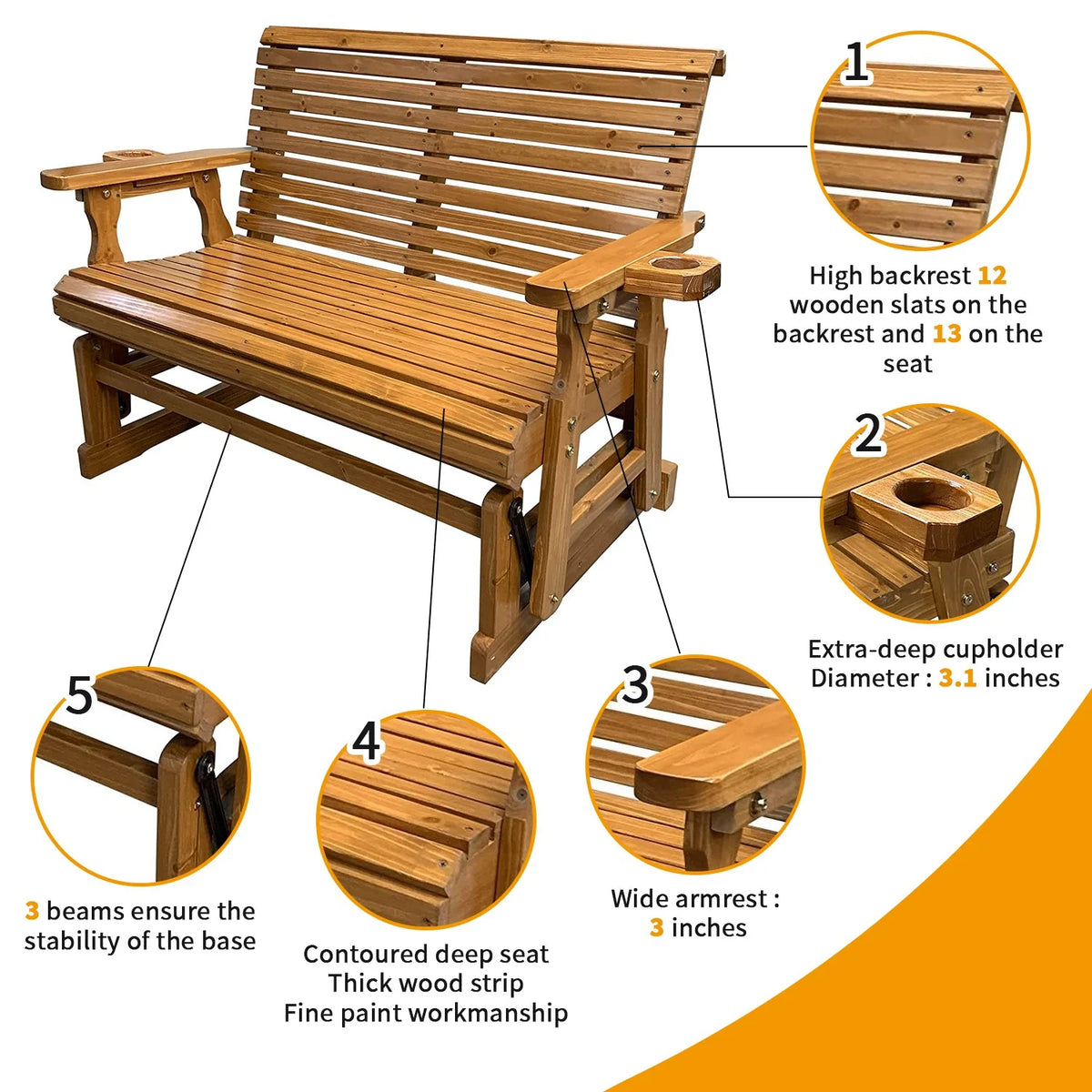 Brown Solid Fir Wood Patio Glider with Cupholders N43554