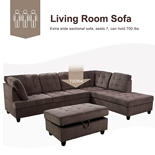 Brown Corduroy L Shaped Sectional Sofa Set with Ottoman C4957