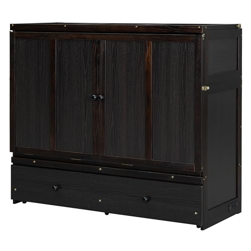 Full Murphy Bed with USB Charging Station and Large Drawer, Wooden Full Size Bed Wall Bed with Storage, Espresso W8476