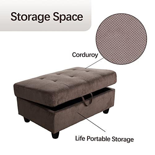 Brown Corduroy L Shaped Sectional Sofa Set with Ottoman C4957