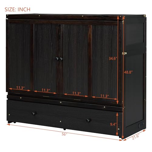 Full Murphy Bed with USB Charging Station and Large Drawer, Wooden Full Size Bed Wall Bed with Storage, Espresso W8476