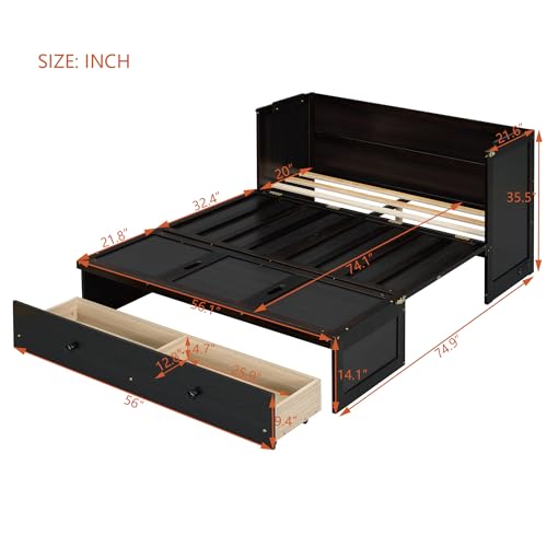 Full Murphy Bed with USB Charging Station and Large Drawer, Wooden Full Size Bed Wall Bed with Storage, Espresso W8476