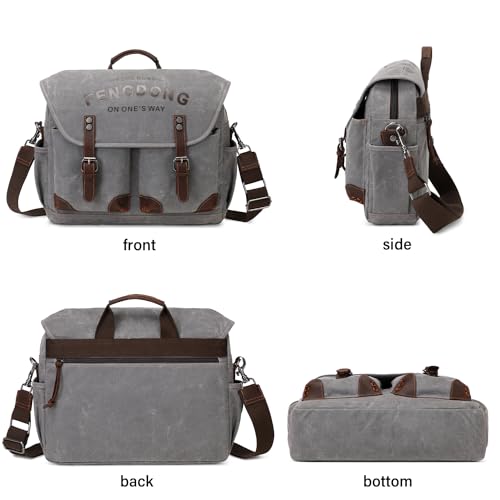 Mens 15.6 Inch Waxed Canvas Genuine Leather Briefcase Shoulder Bag Black Gray T6912