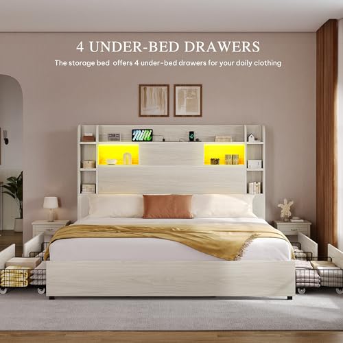 Black Queen Bed Frame with Bookcase Headboard and 4 Storage Drawers Q2693