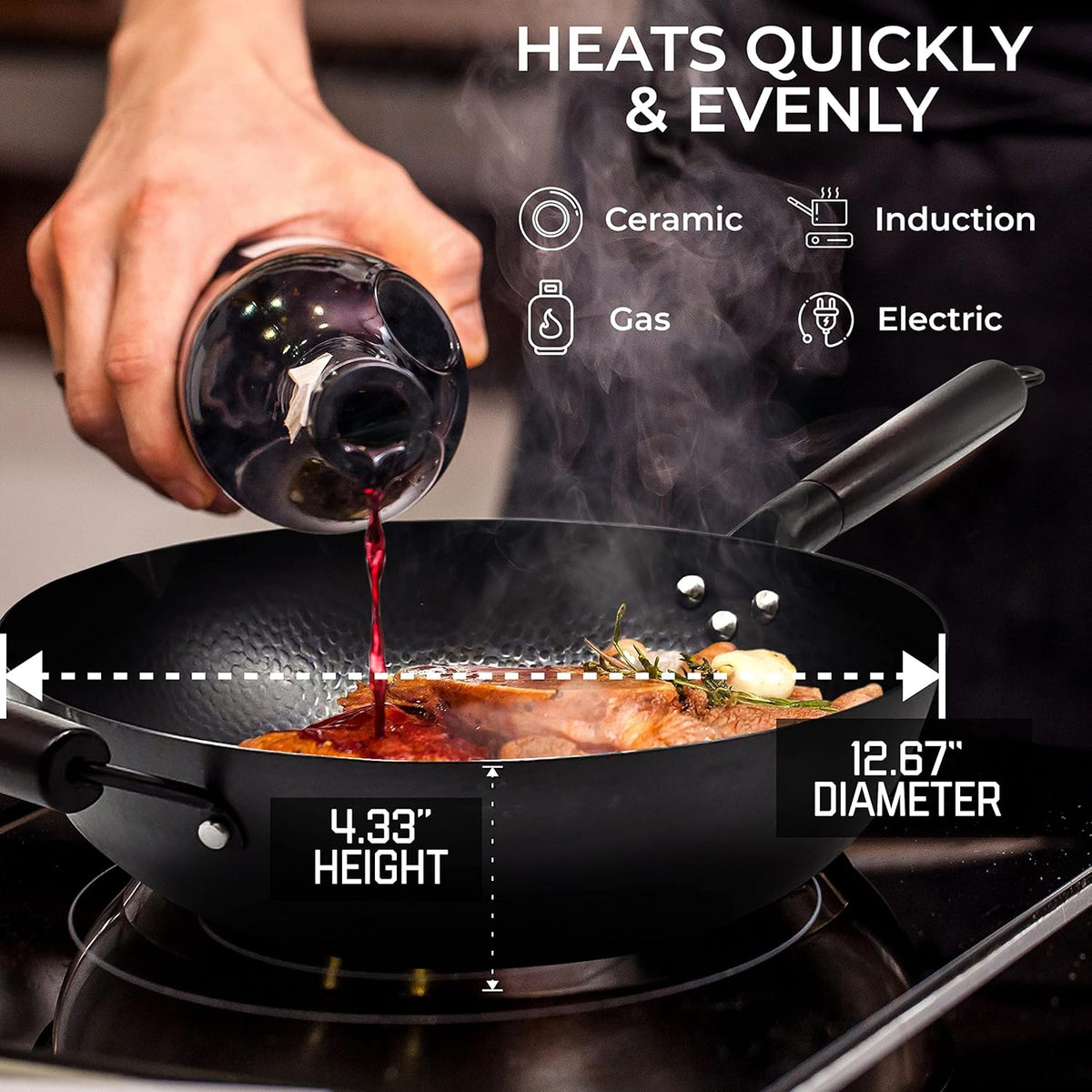 Carbon Steel Wok Pan With Lid, Non-Stick 12.6 Flat Bottom Wok Set U1505
