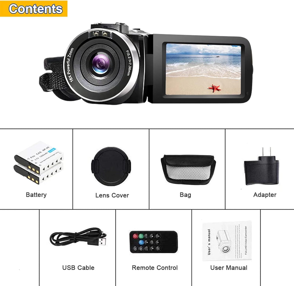 Video Camera Camcorder Full HD 1080P 30FPS 24.0 MP IR Night Vision 3.0 Inch IPS Screen 16X Zoom with 2 Batteries C6948