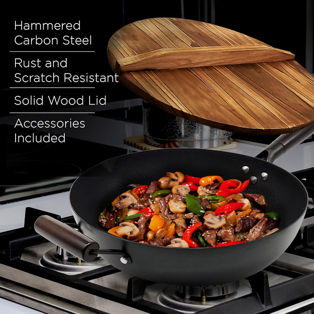 Carbon Steel Wok Pan With Lid, Non-Stick 12.6 Flat Bottom Wok Set U1505
