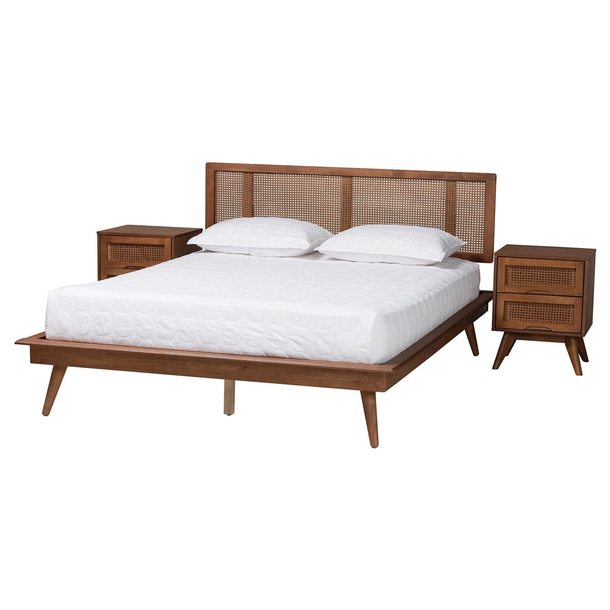Walnut Brown Wood and Rattan Full Size 3-Piece Bedroom Set E684