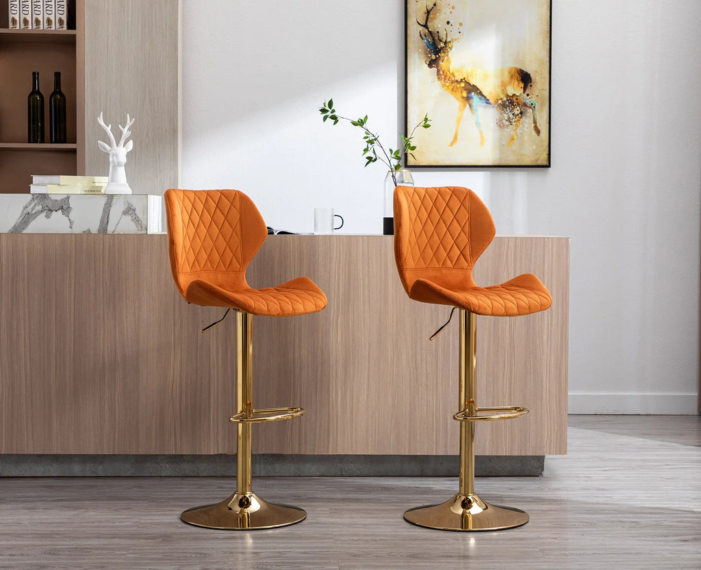 Orange Velvet Adjustable Swivel Bar Stools Set of 2 T3146