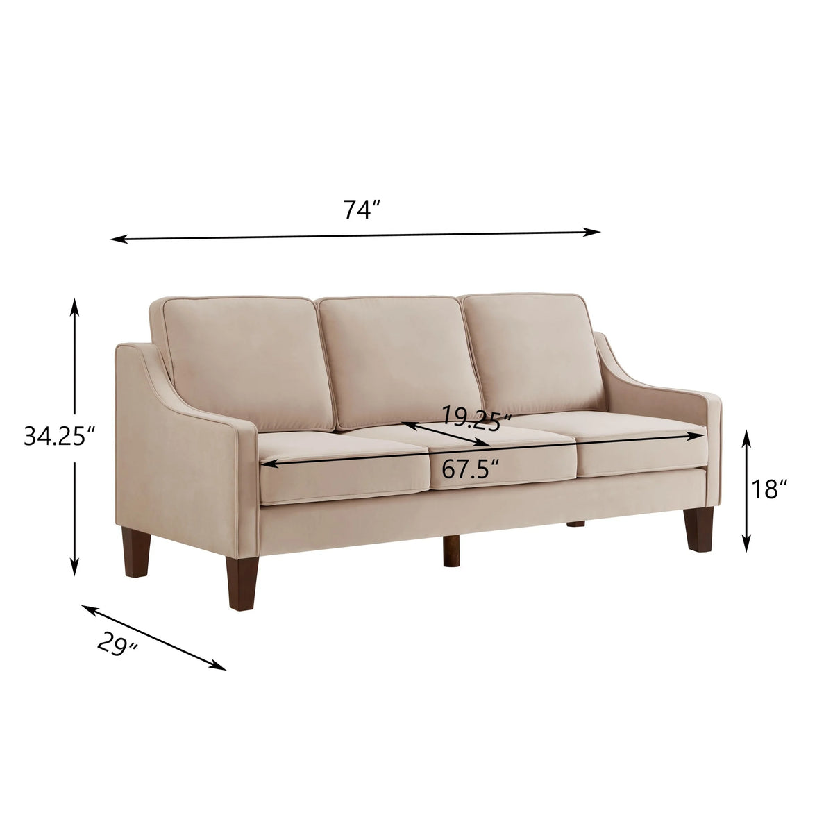 Taupe Velvet 3 Piece 3-Seat Sofa with Removable Cushions O2634