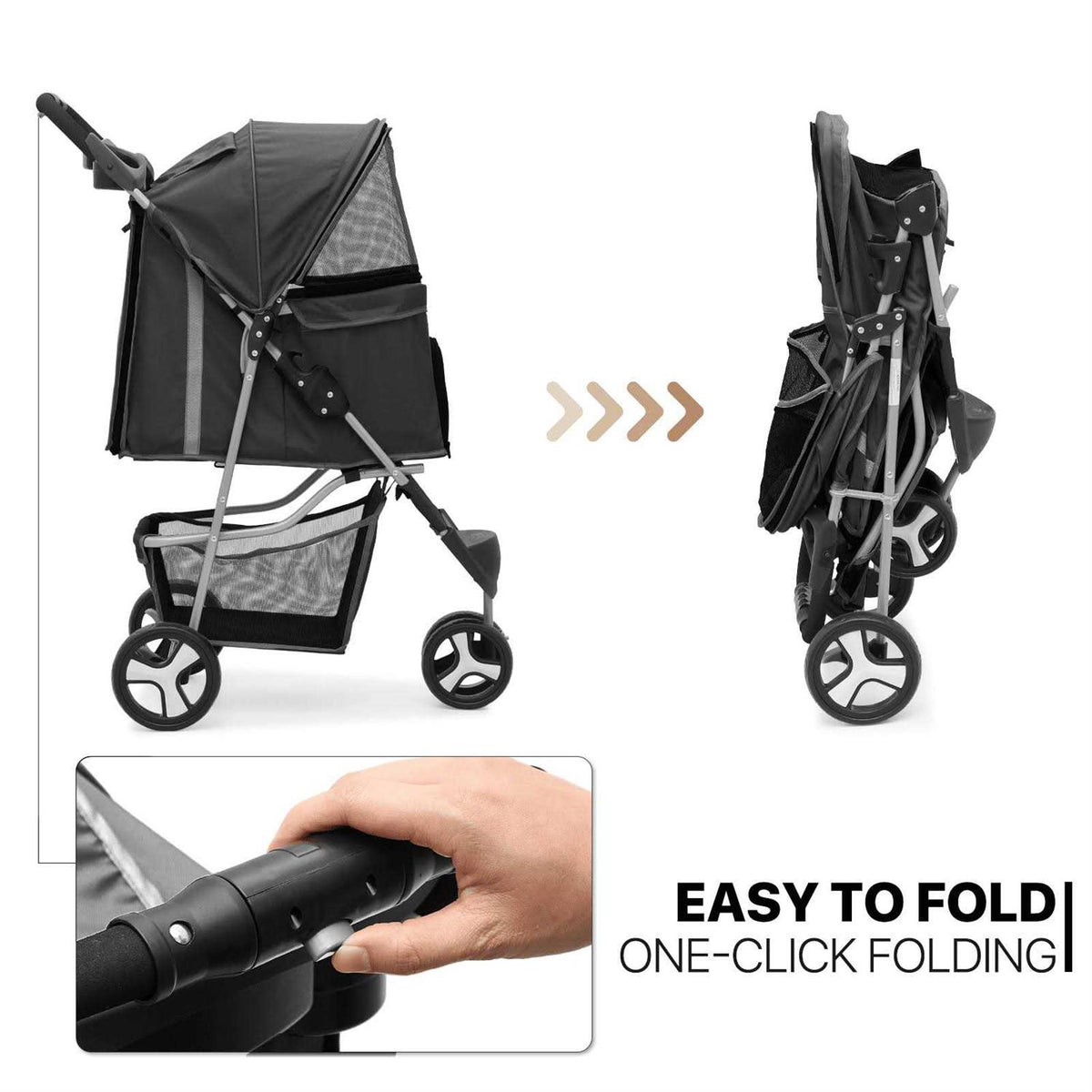 Foldable 3 Wheels Pet Stroller with Storage Basket and Cup Holder U66023